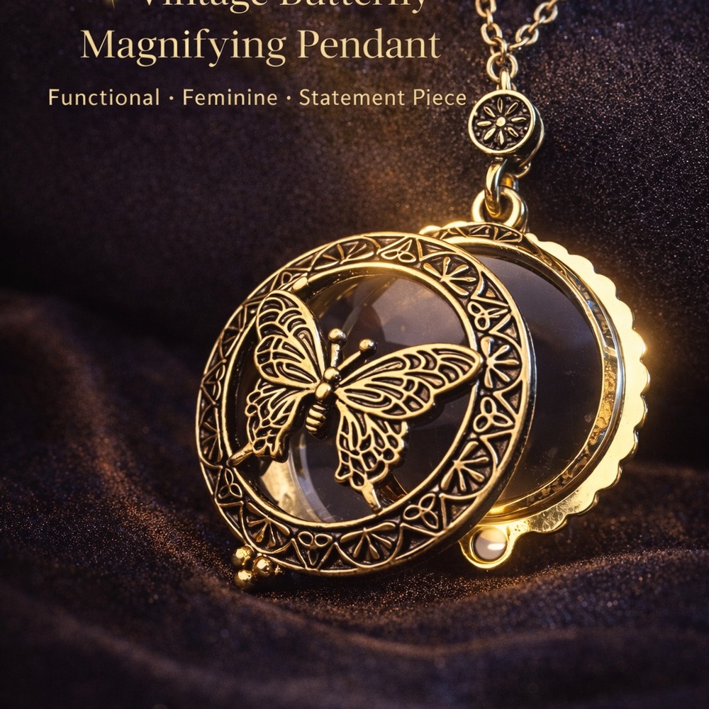 Butterfly Magnifying Pendant Necklace Vintage Inspired